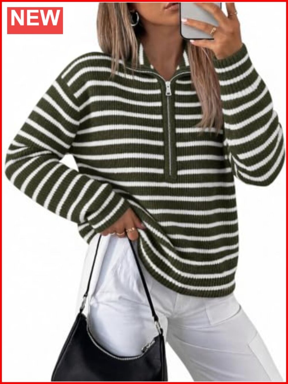 Saodimallsu Womens Striped Half Zip Sweater Loose Knit Pullover Top